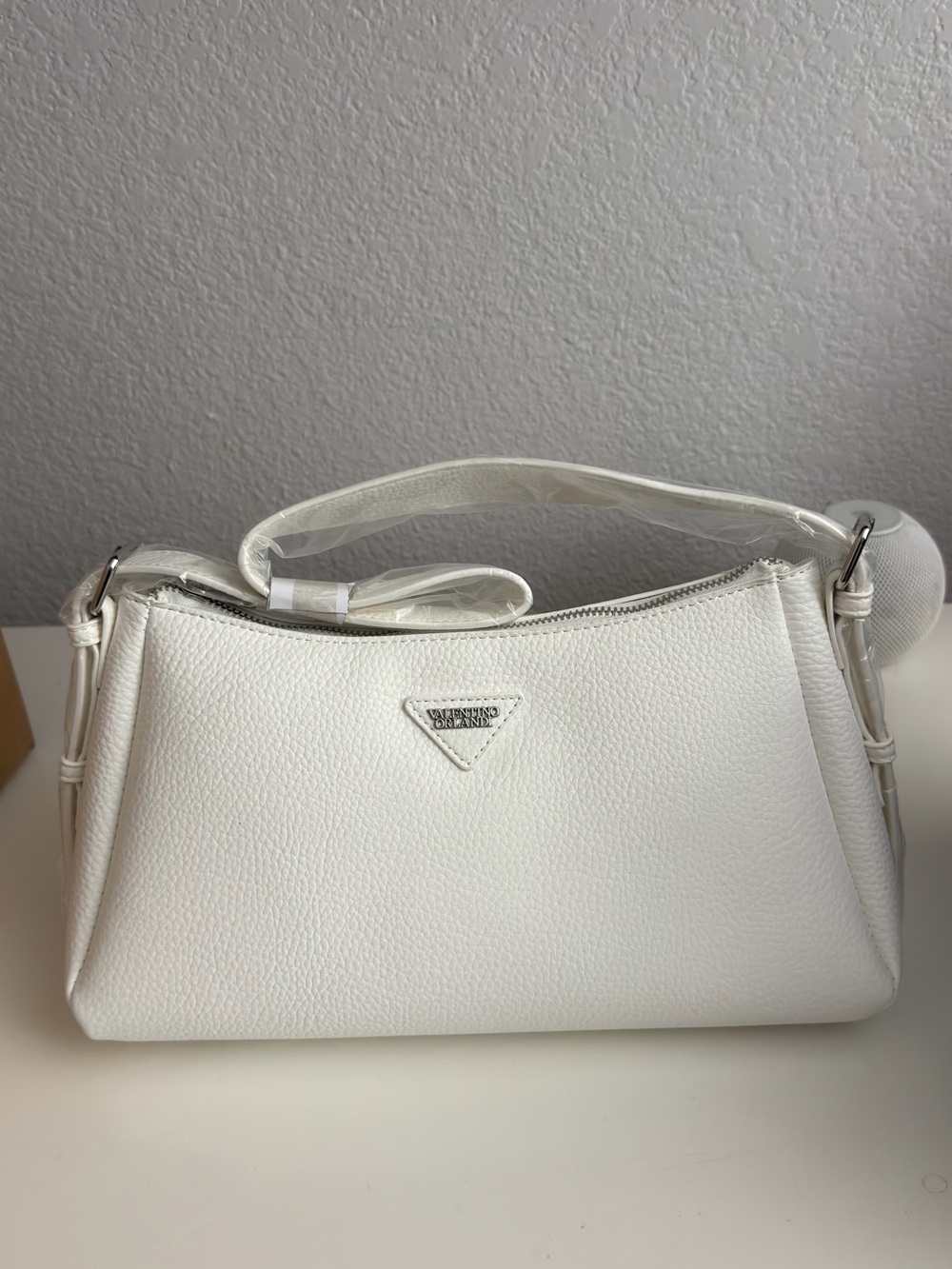 Valentino Orlandi White Pebbled Leather Shoulder Bag with Triangle Logo